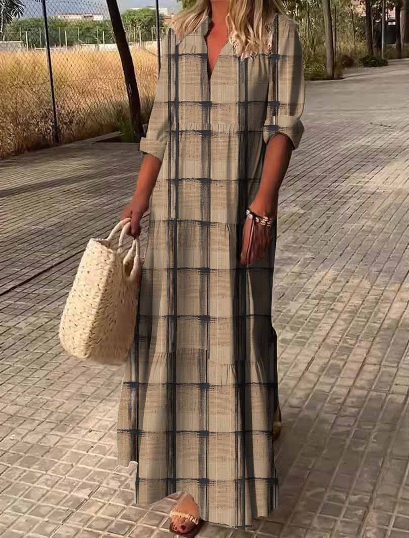 Women Plaid, Khaki DZDN0808 SPU Printed Long Sleeve V-neck Maxi Dress