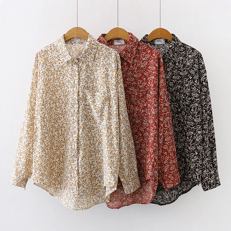 Spring New Women Vintage Loose Letter Floral Shirt Long Sleeve Button Up Chiffon Blouse Turn-Down Collar Autumn Casual Tops T094