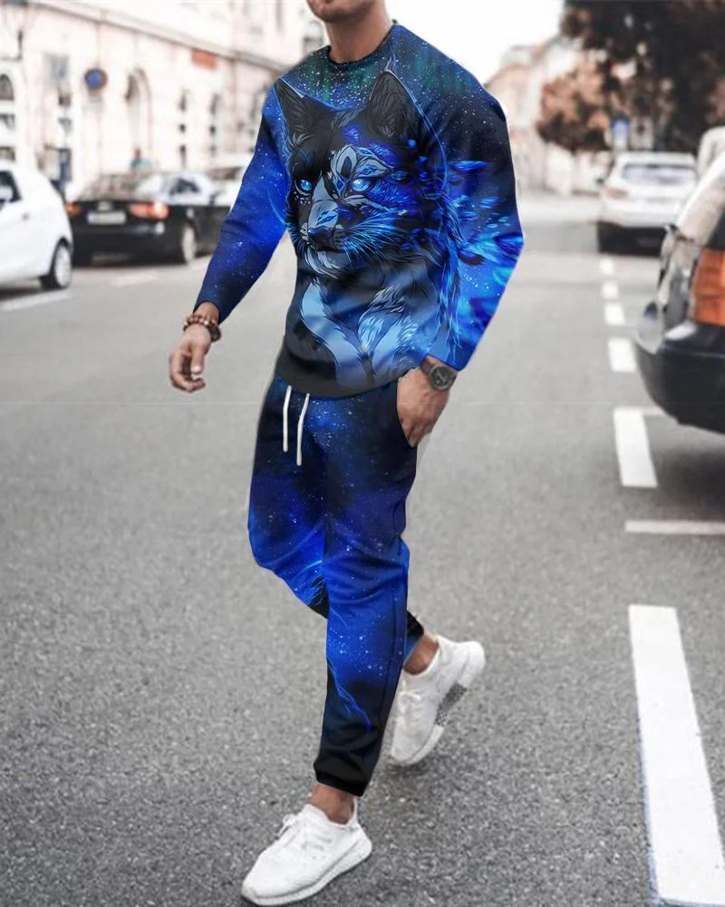 Men's Fashion Blue Wolf Printing Long-sleeved Suit