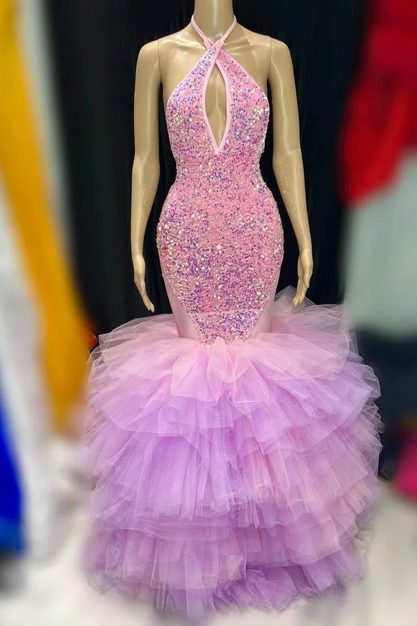 Lisliy Tulle Prom Dress Sequins Mermaid Halter Sleeveless With Sequins 