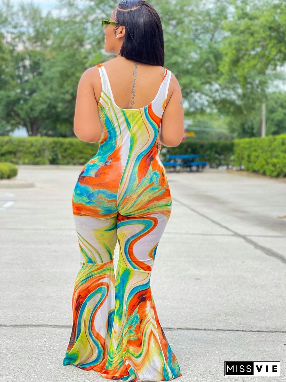 Summer Womens Clothing Casual Tie Dye Print Sleeveless Low Neck Backless Streetwear Bodycon Flare Jumpsuit