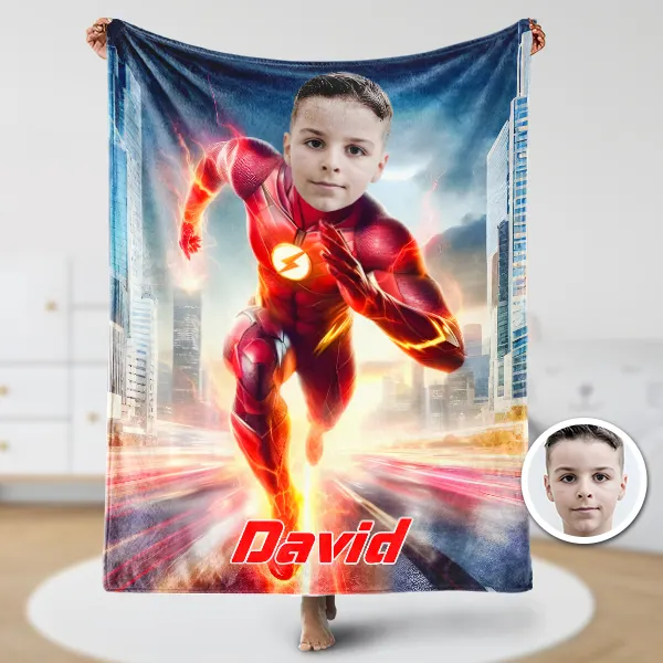 Custom Running Hero  Flash Boy Blankets Personalized Face & Name Hero Blanket Gifts For Boys