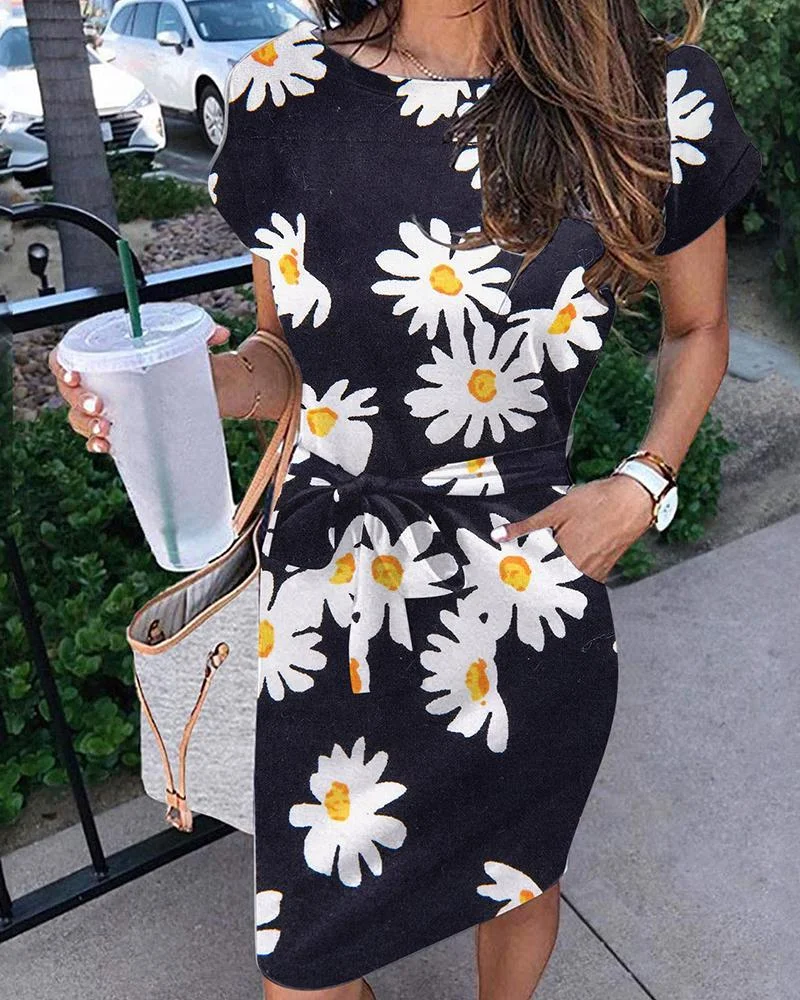 Round Neck Short Sleeve Print Dress