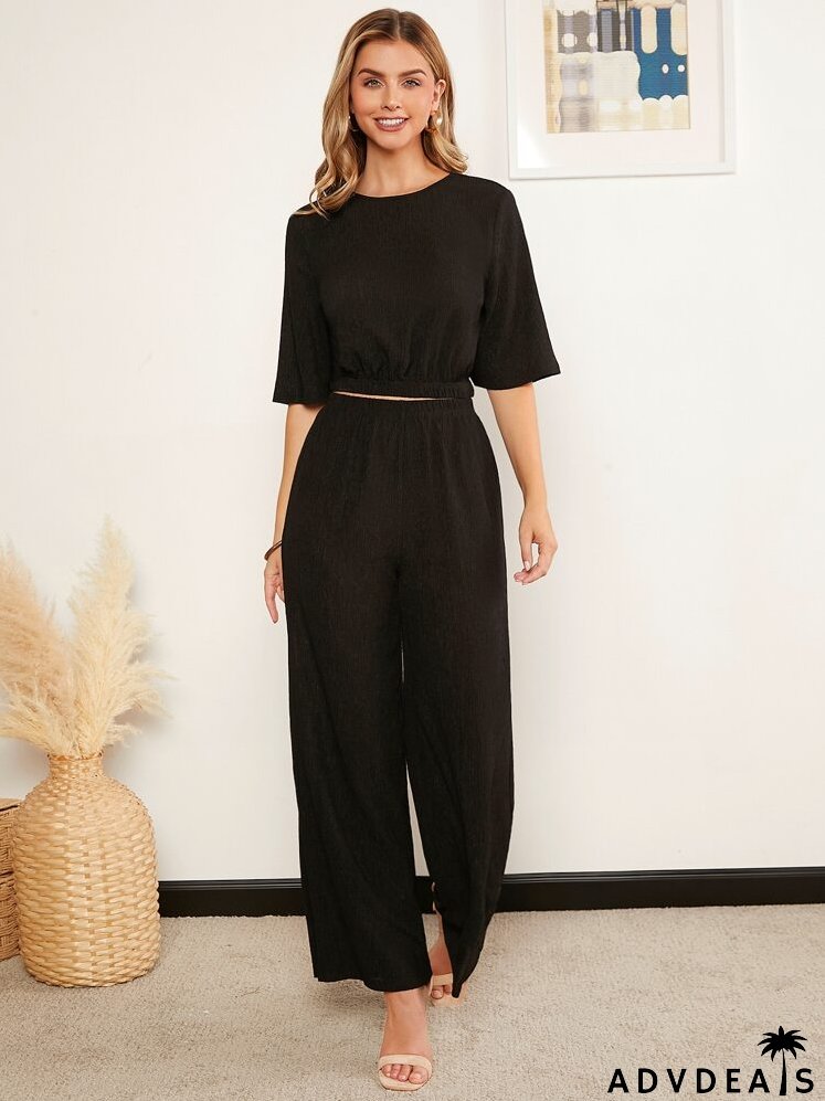 Solid Crop Tee & Wide Leg Pants Set