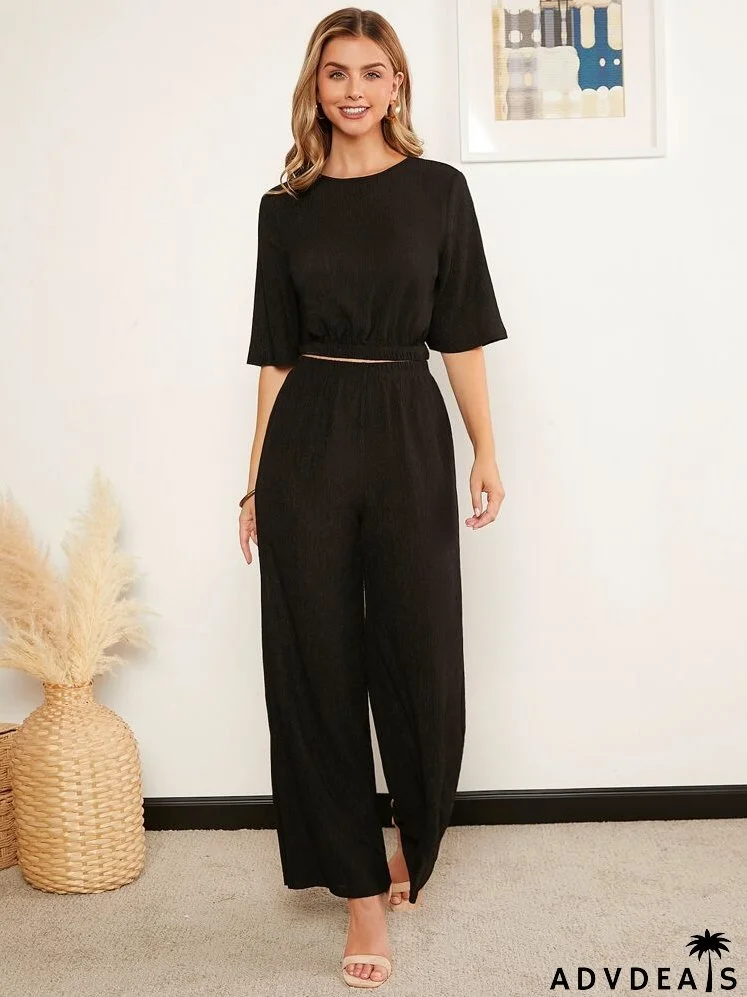 Solid Crop Tee & Wide Leg Pants Set