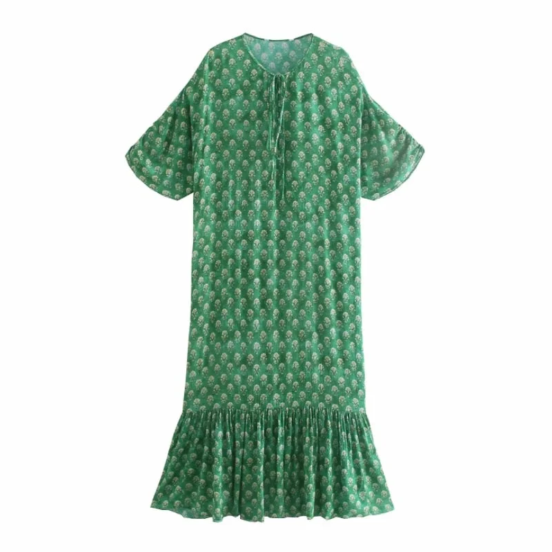 Summer Women Flower Print O Neck Lace Up Green Midi Dress Female Short Sleeve Clothes Casual Lady Loose Vestido D7731