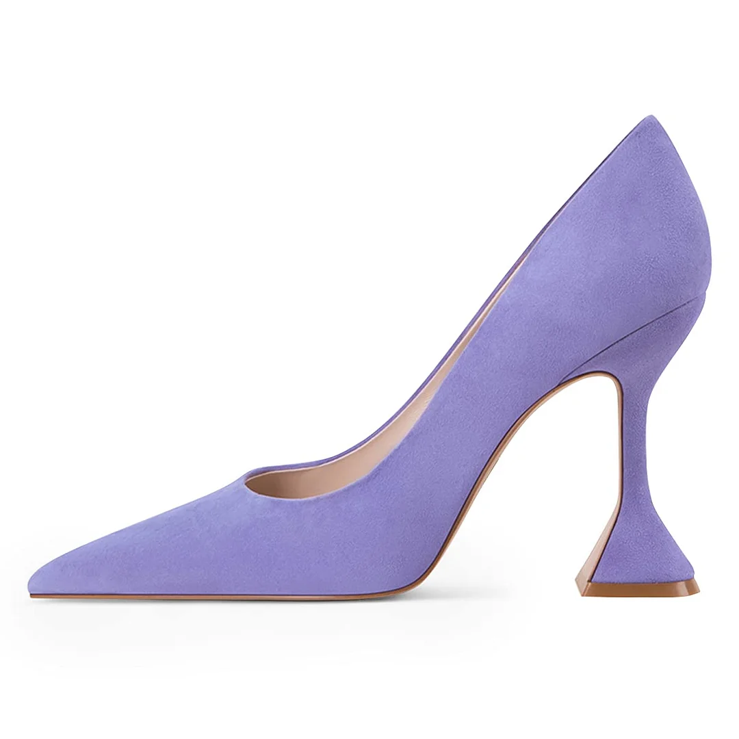 YDN Classic Purple Vegan Suede Flared Heel Pointed Toe Pumps Shoes