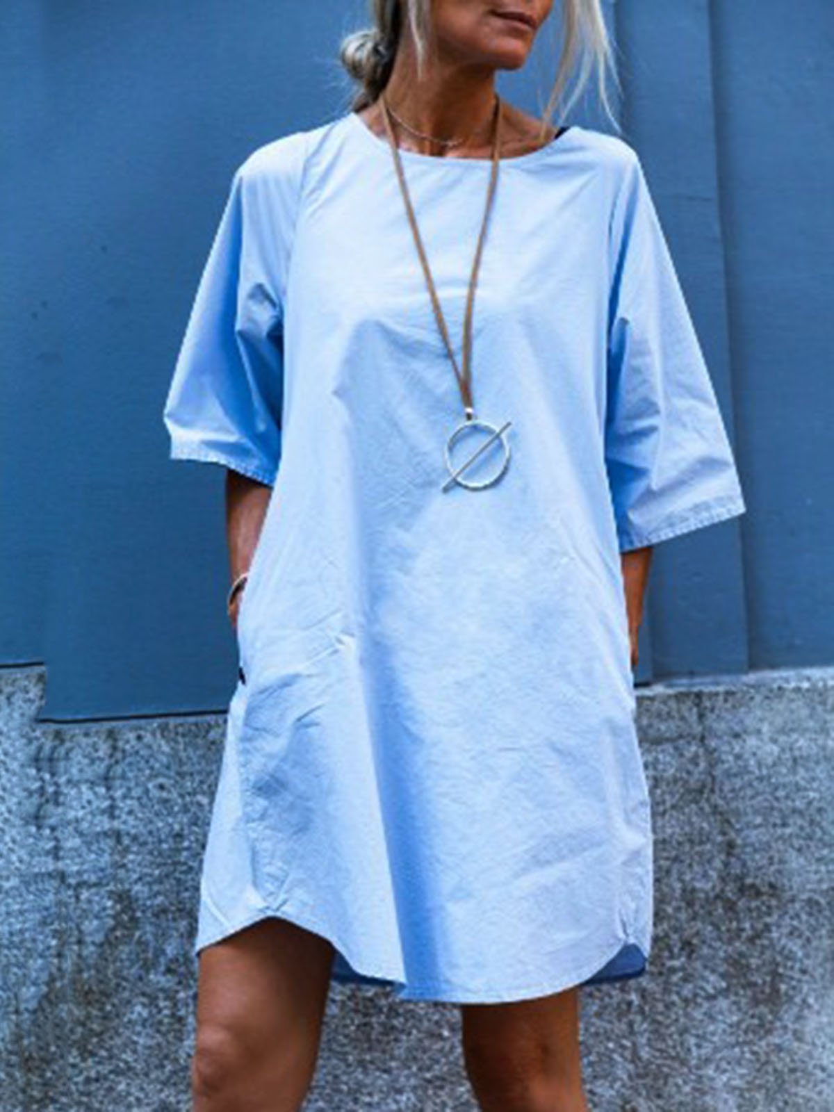 Light Blue Crew Neck Cotton-Blend Casual Dresses