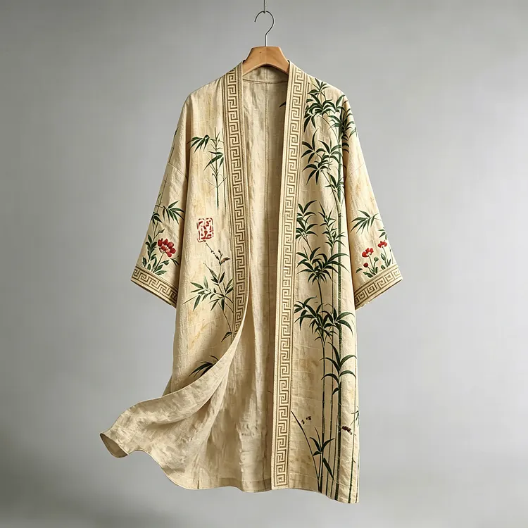 Men's Japanese Bamboo Art Linen Long Kimono