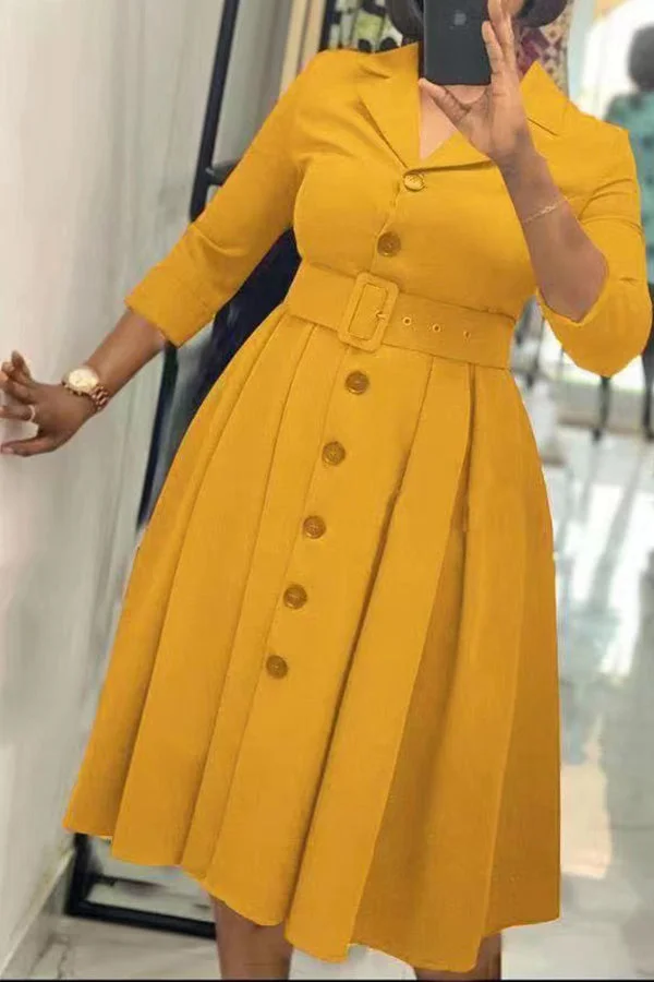 Commuter 3/4 Lenght Sleeve Lapel Belt A-Line Single Breasted Mini Dress