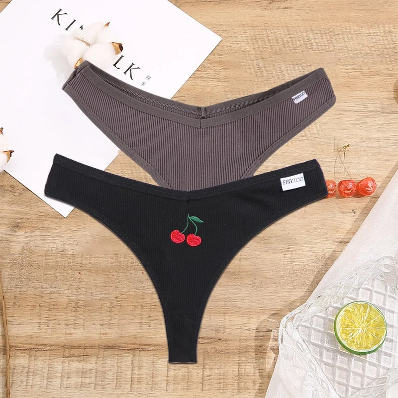 FINETOO 2/3PCS Women Lingerie Fruit Embroidery Panties G-string Sexy Low Rise Cotton Thongs Girl Underwear V-Waist Female Pantys
