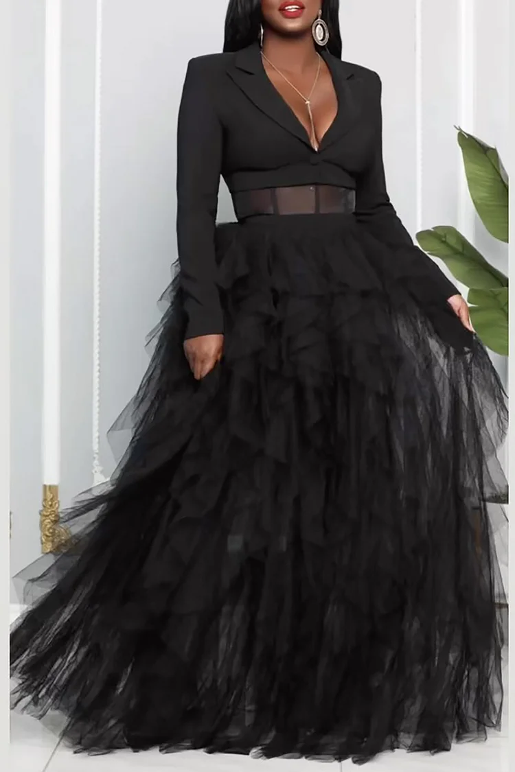 Plus Size Party Dress Black Mesh Tulle Ruffles Blazer Maxi Dress [Pre-Order]