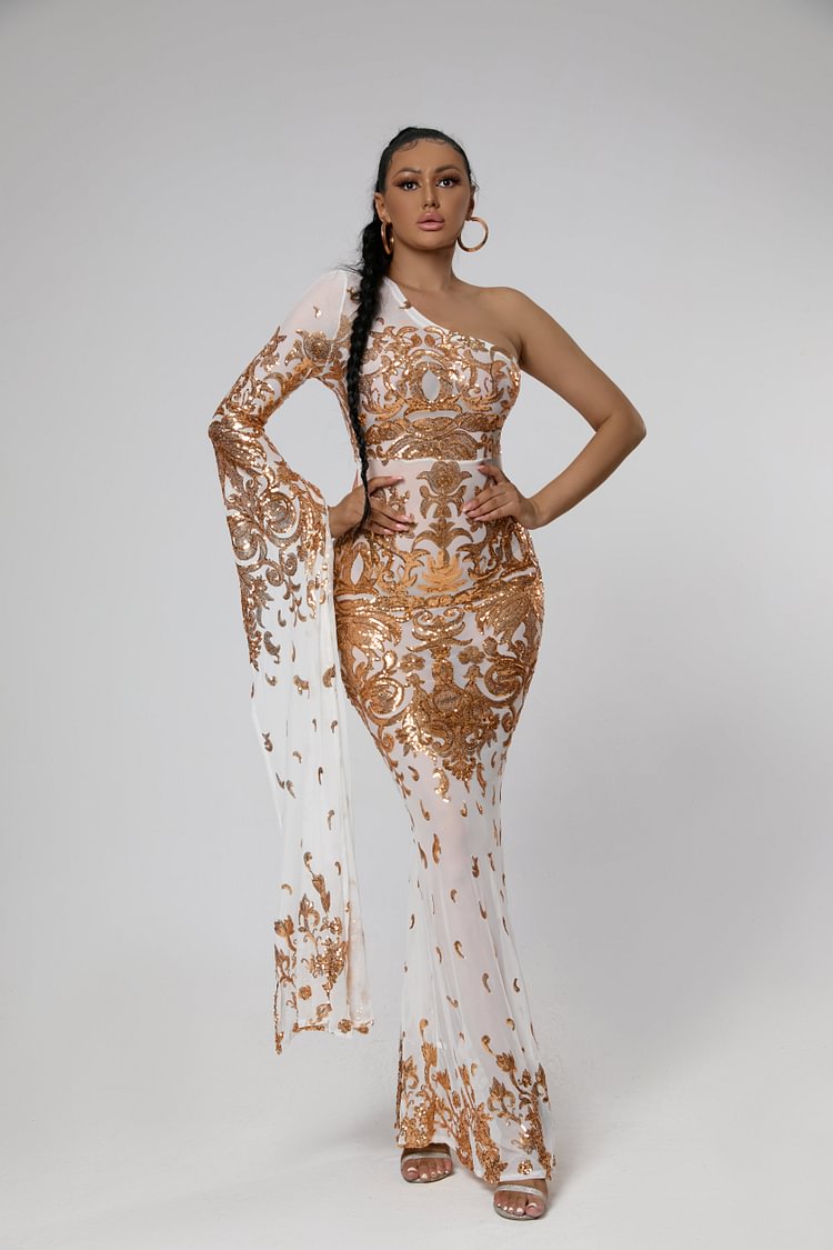 One Shoulder Print Mesh Sequin See Through Dresses
