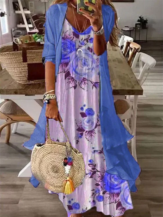 Women Long Sleeve V-neck Floral Printed Two-Piece Midi Dress
