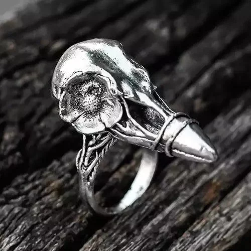 Vintage Raven Skull with Flower Ring