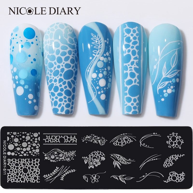 NICOLE DIARY Foam Bubble Effect Nail Stamping Plates Flower Leaf Line Design Stamp for Nails Printing Stencil Templates