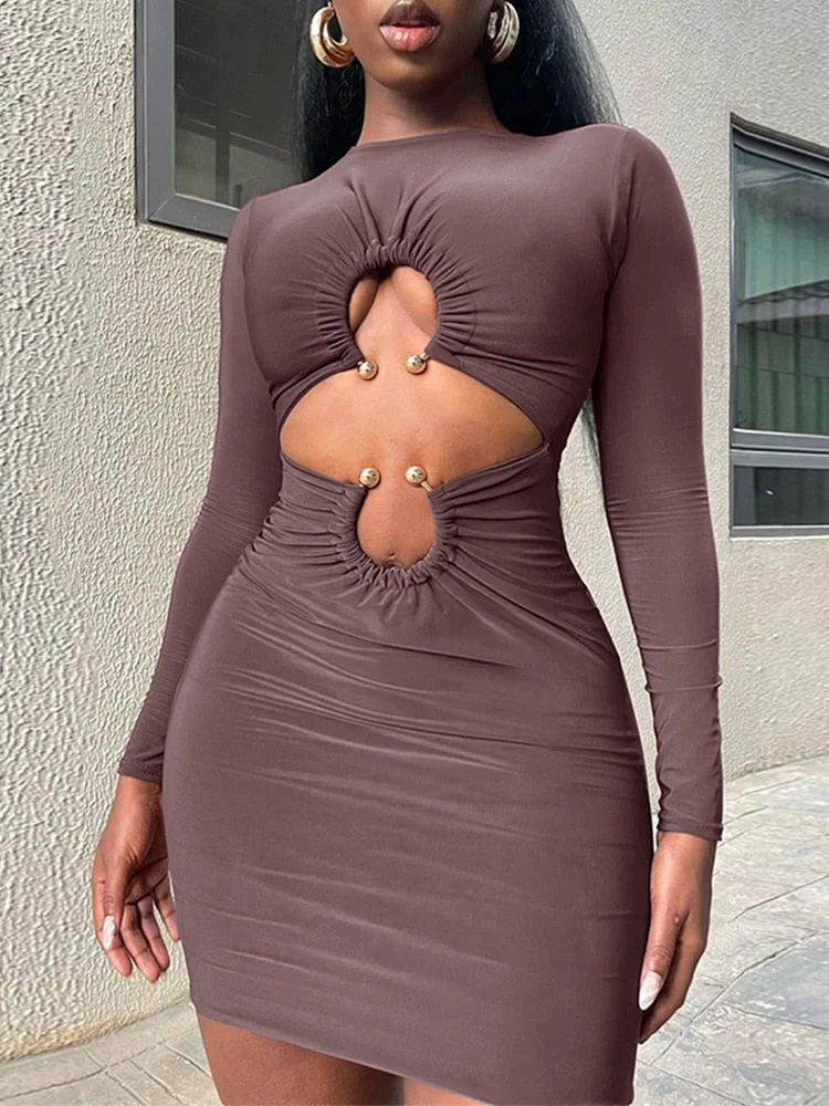 Christmas gifts Sexy Cut Out Long Sleeves Ruched Mini Dress For Women 2023 Autumn Y2K Party Club Bodycon Dresses Vacation Outfit Streetwear