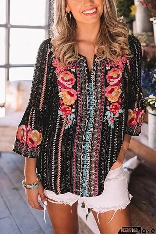 Boho Print Logn Sleeve Loose Blouse