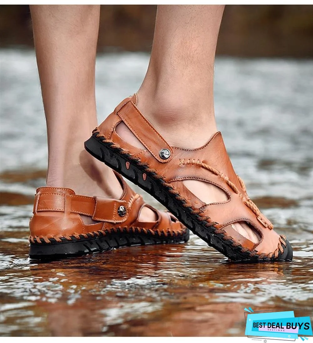 Men's Rome Genuine Leather Sandals Slip On Breathable Beach Sandal Shoes