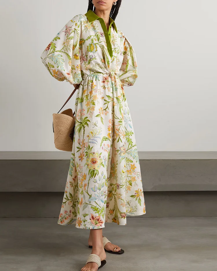 Ira Twist Front Cutout Floral Print Linen Midi Shirt Dress