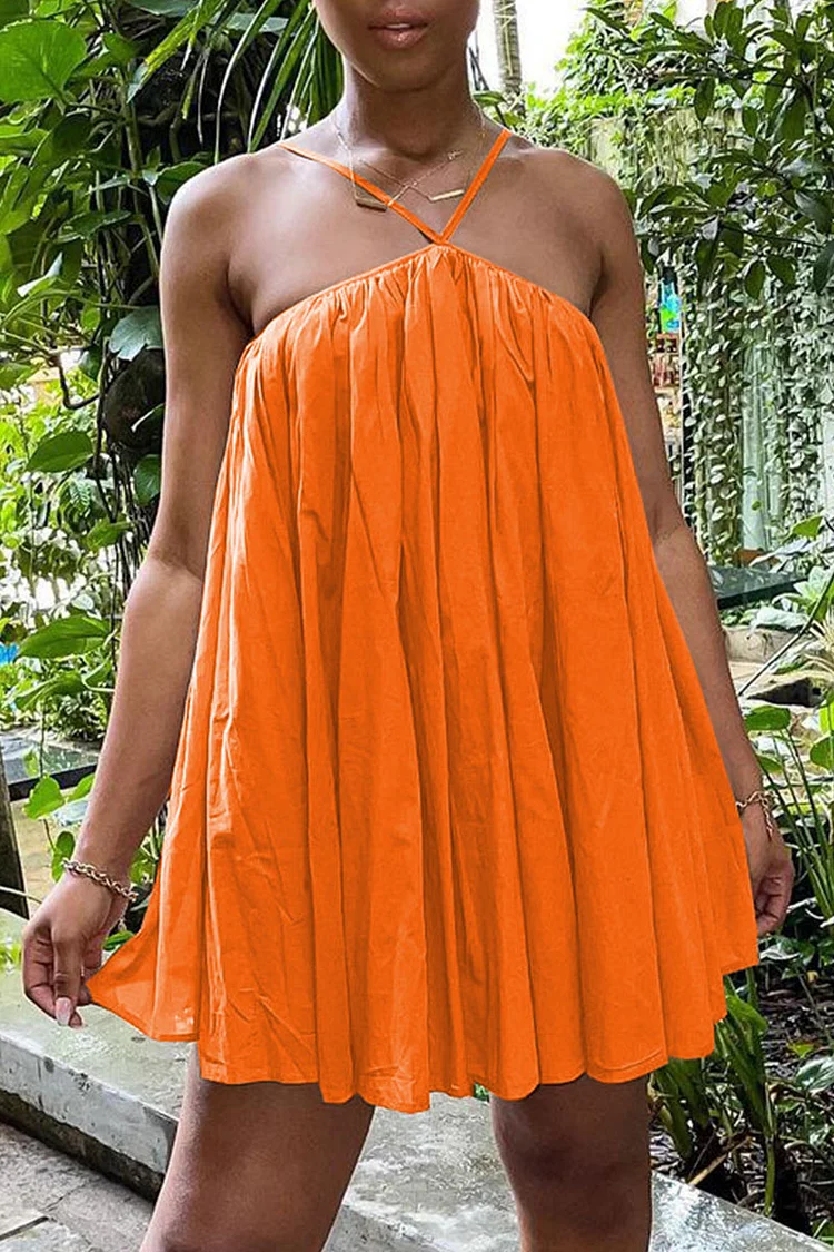 Tangerine Red Sexy Solid Patchwork Halter Dresses