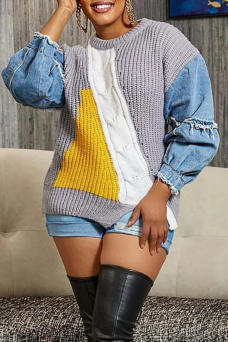 Plus Size Daily Sweater Grey Colorblock Long Sleeve Denim Patchwork Knitted Sweater [Pre-Order]