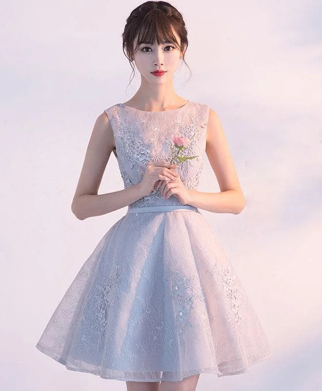 Gray Tulle Lace Short Prom Dress Gray Lace Bridesmaid Dress