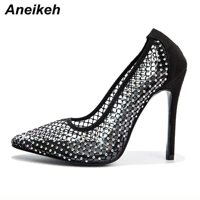Aneikeh 2021 Fashion Mesh Rhinestone Pointed Toe Pumps PVC Transparent Woman Slip On Sexy Party Thin High Heels Shoes Size 35-42