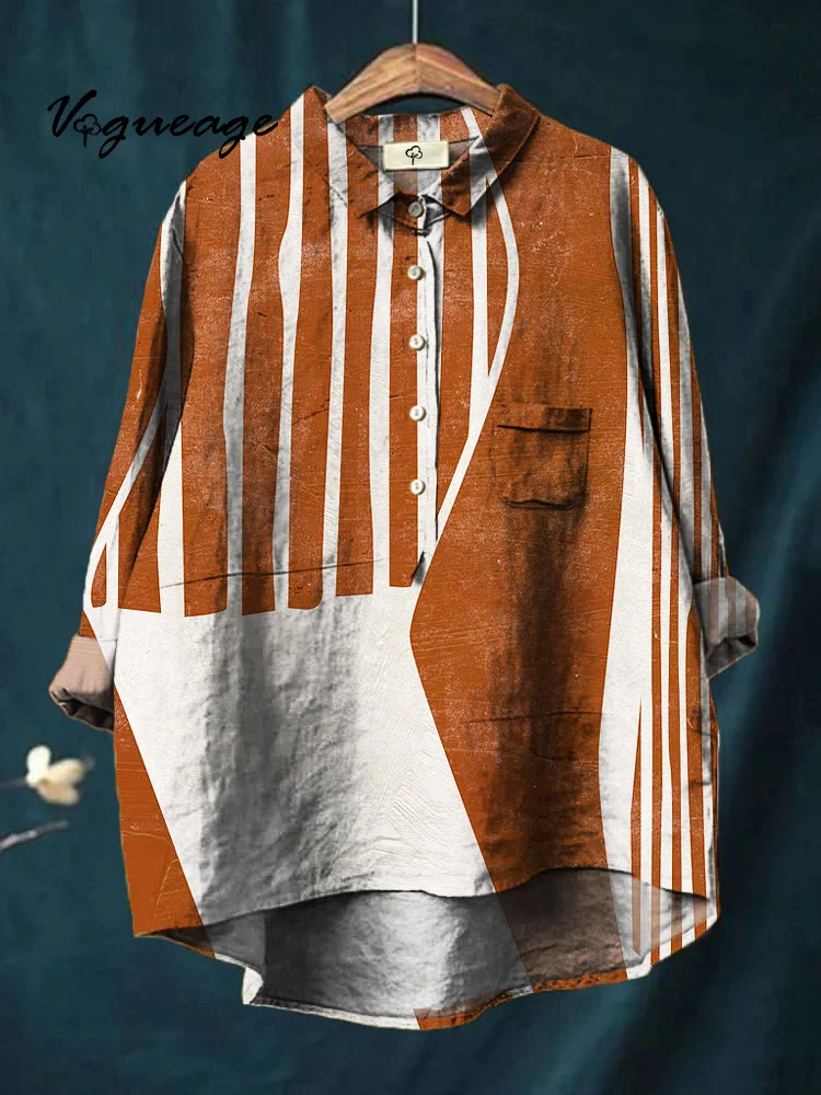Fashionable And Versatile Creative Line Stitching Printed Cotton And Linen Shirt