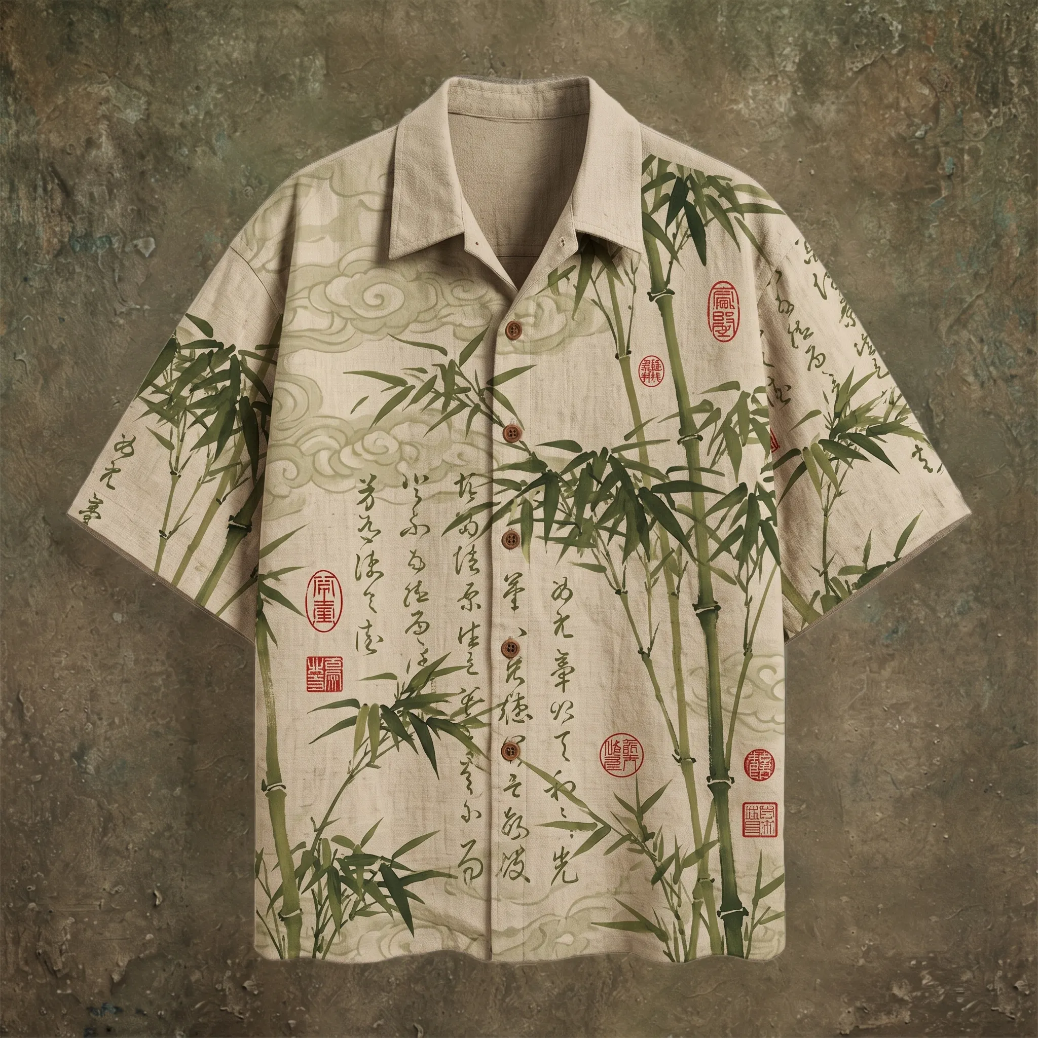 Men's Vintage Japanese Bamboo Art Print Casual Linen Blend Short Sleeve Shirt  artssus