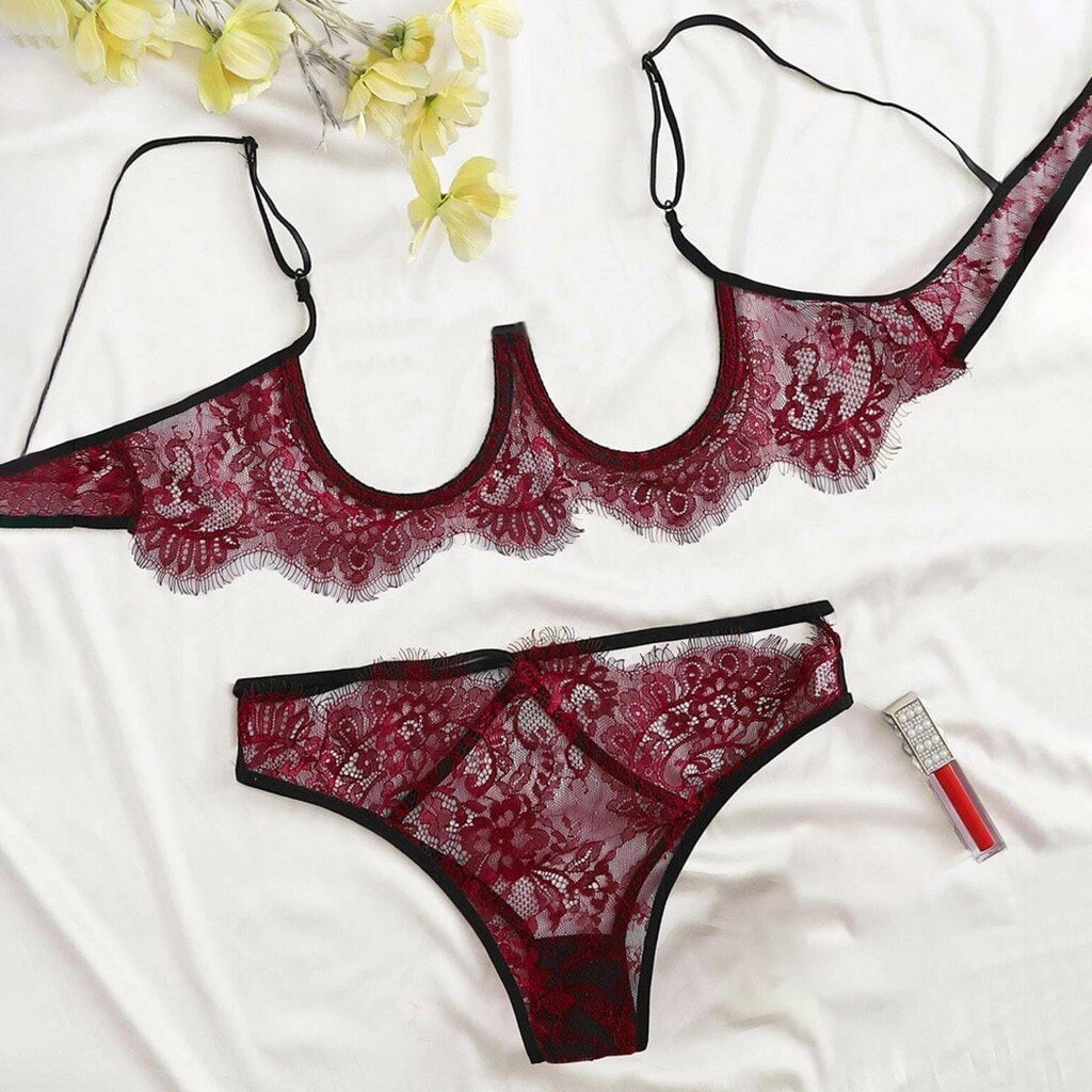 Sexy Cut Out Bra Set Fashion Floral Embroidery Lace Sexy Lingerie Underwear Women Set Perspective Sexy Sensual Lingerie Erotic