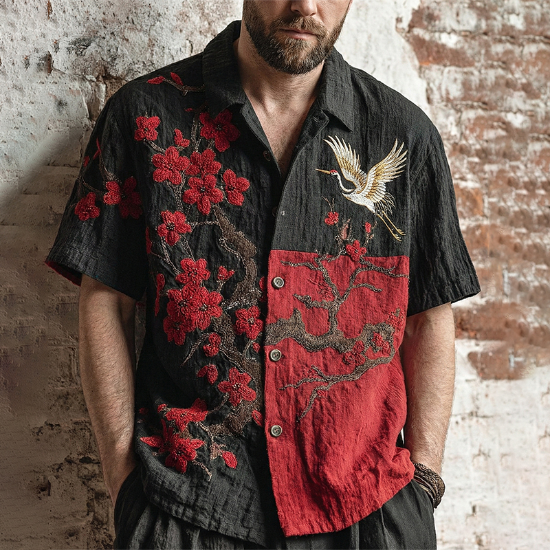 Men's Japanese Cherry Blossom And Crane Pattern Short Sleeve Shirt  artssus