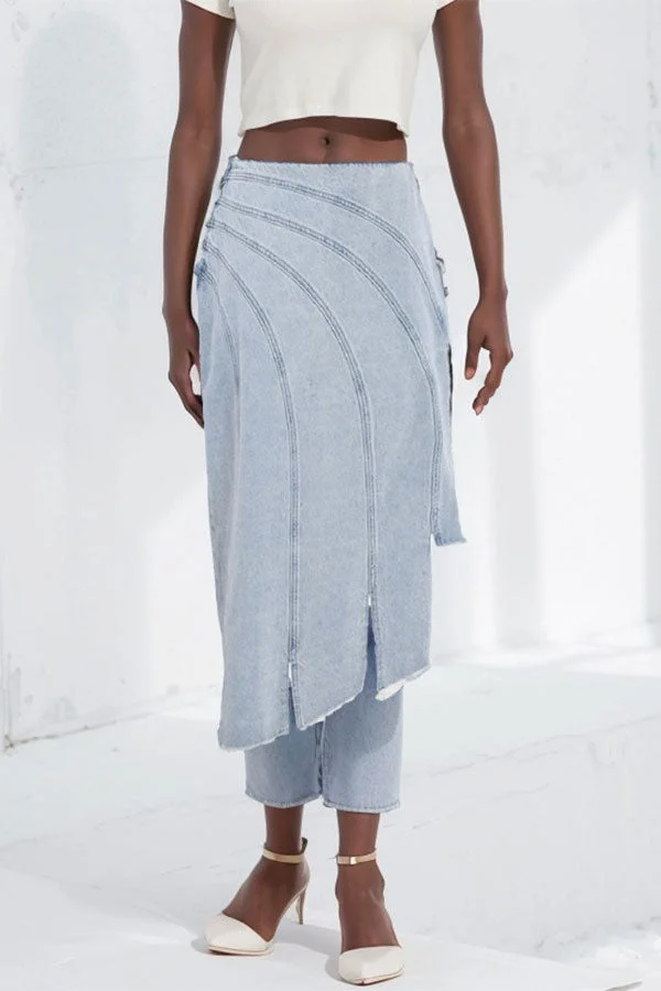 Washed Denim Unique High Split Irregular Skirt