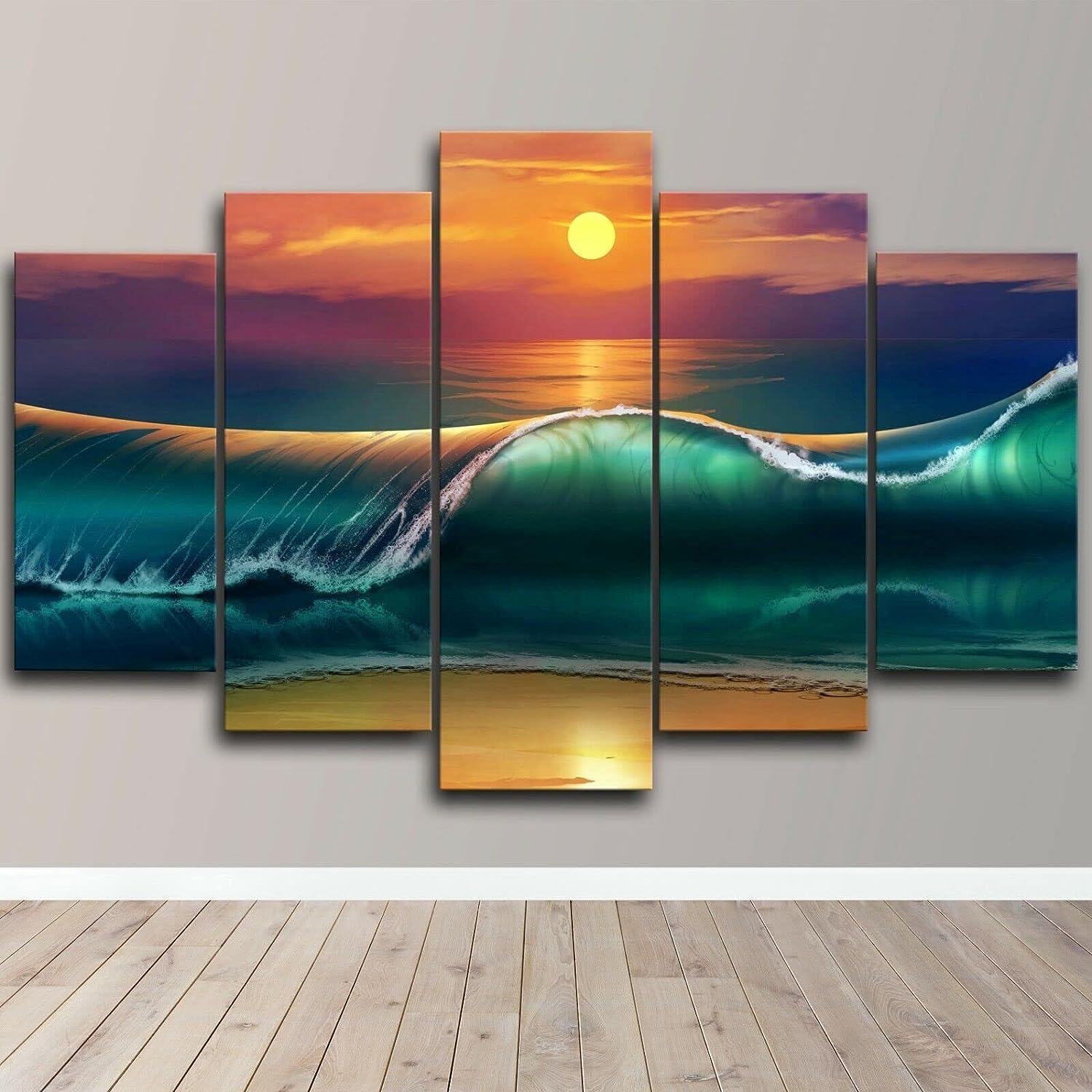 FEINIAO Canvas Wall Art 5 Panels Sunset Beach Waves Large 5 Piece Canvas Wall Art Prints On Canvas Artwork Framed Modern Home Decor for Living Room Dining Room Bedroom