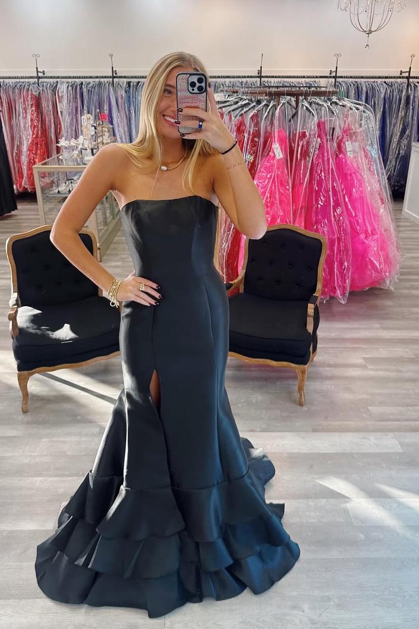 Lvs&Broner Strapless Sleeveless Long Front Split Prom Dress With Ruffles 
