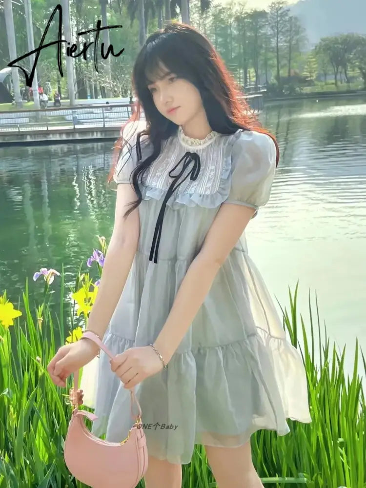 Aiertu Chiffon Dress Women Spring Summer New Japanese Cute Splice Bow Tie Dresses Fashion Elegant Sweet Fit A-line Skirt Womens Aiertu