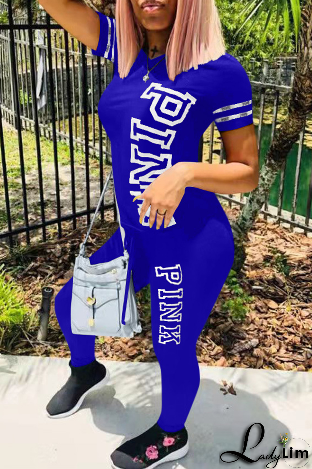 Light Purple Casual Patchwork Letter O Neck Short Sleeve Two Pieces