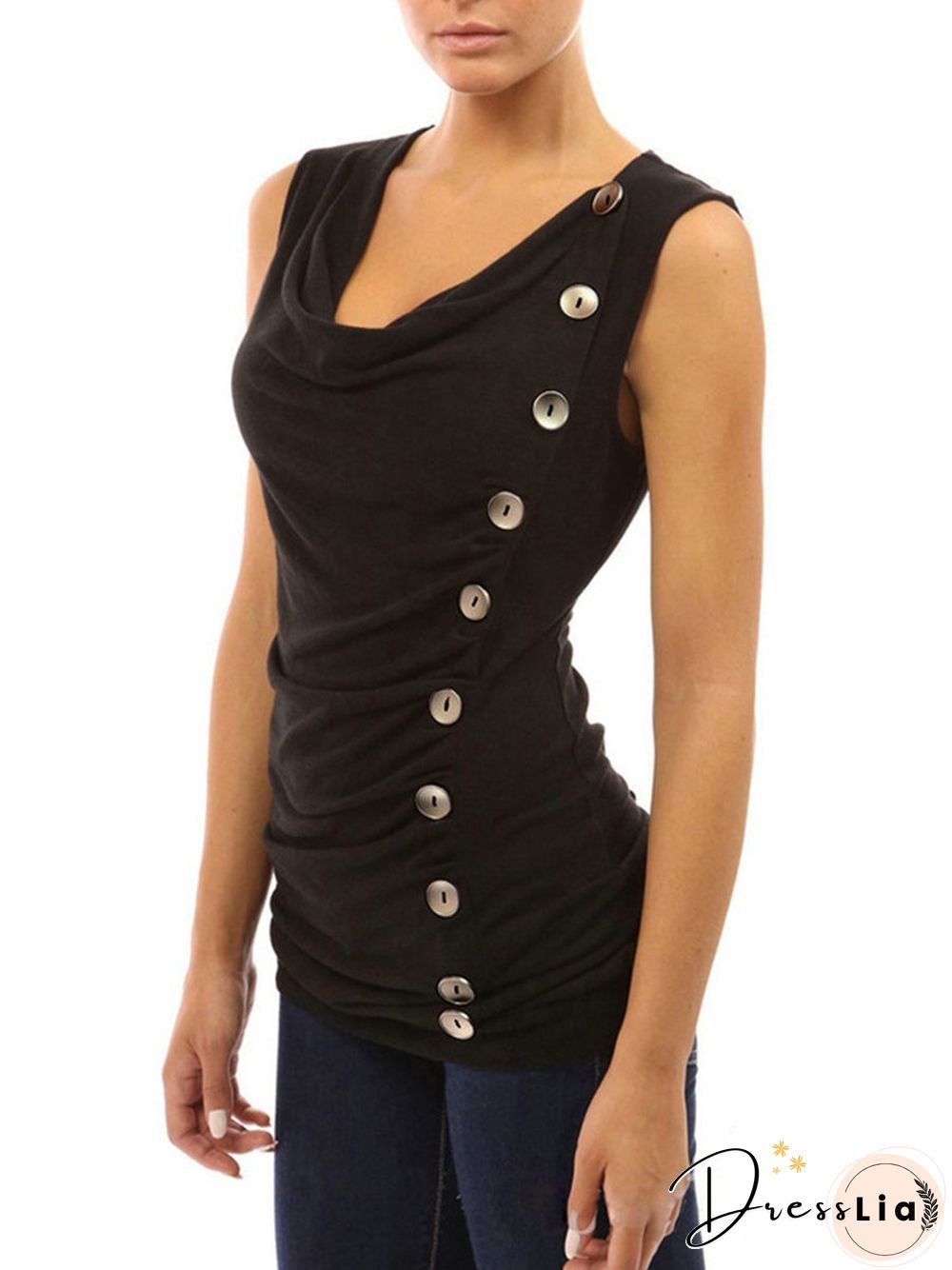 Round Neck Sleeveless Buttons Top T-Shirt