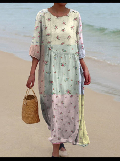 Women's 3/4 Sleeve Scoop Neck Graphic Printed Midi Dress