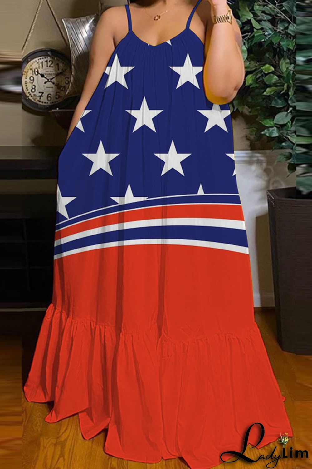 Red White Fashion Casual Print Backless Spaghetti Strap Long Dress