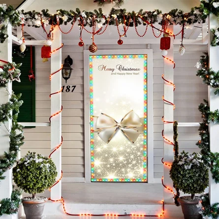 Golden Bow Christmas Door Cover - Christmas Door Covers - Outdoor Christmas Decorations - Front Door Decor - Holiday Door Covers