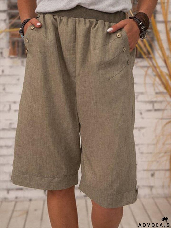 Loose Button-Decorated Elastic Waist Straight Linen Shorts