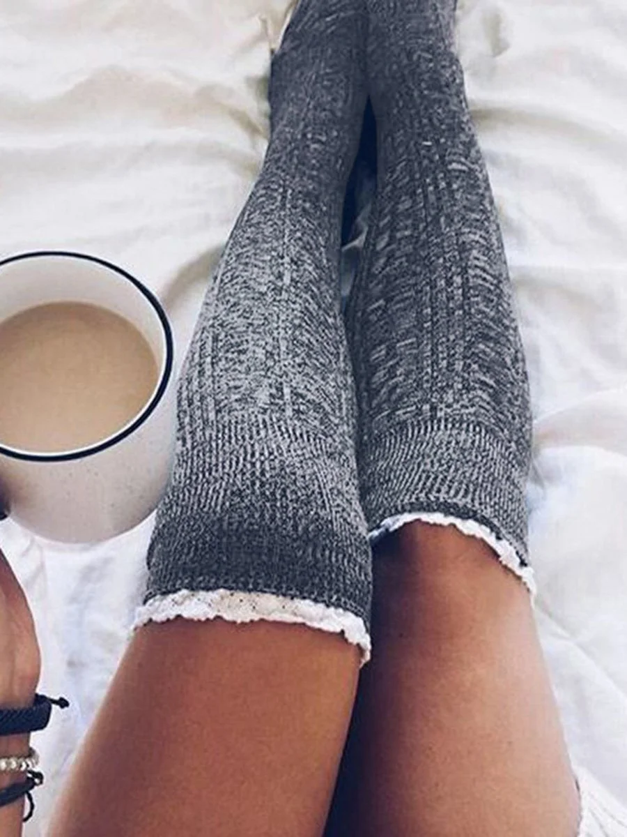 Lace Splicing Knitted Thigh-High Socks