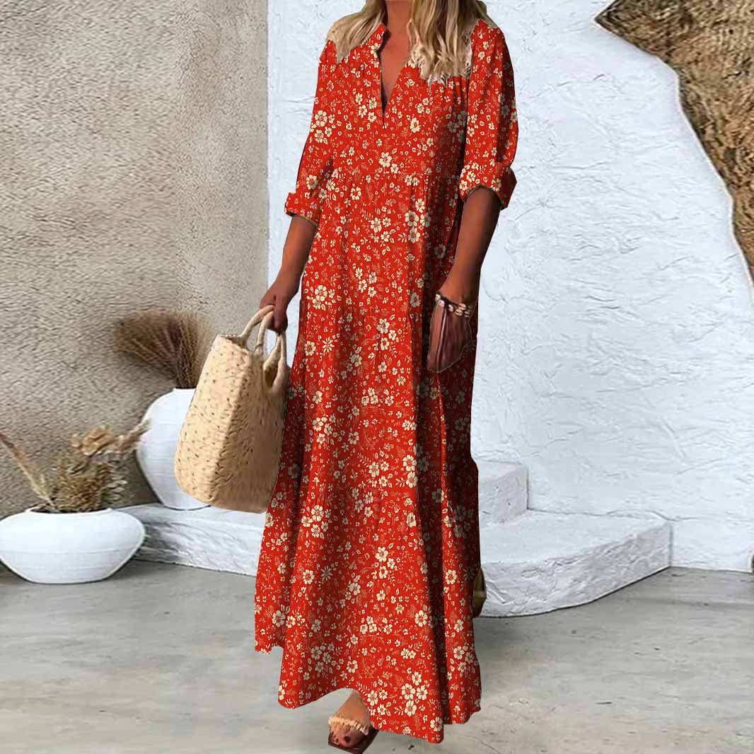 Women Floral, Red DZDN0802 SPU Printed Long Sleeve V-neck Maxi Dress