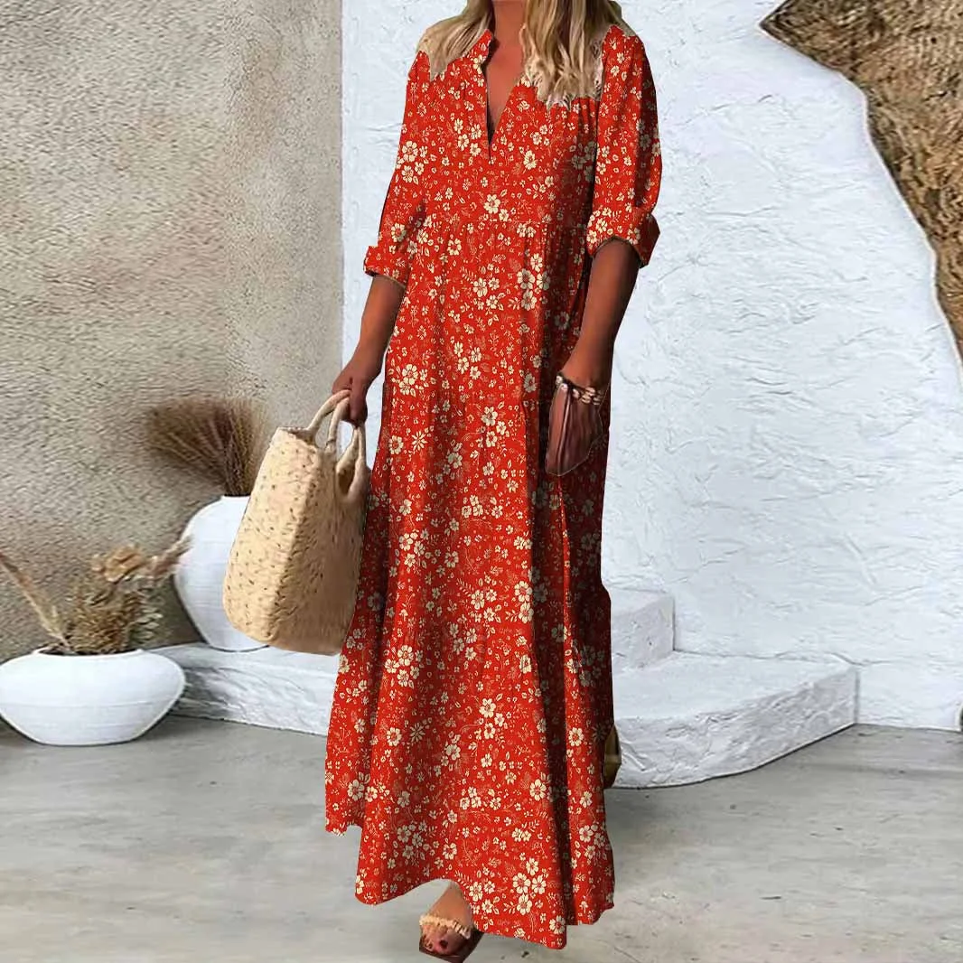 Women Floral, Red DZDN0802 SPU Printed Long Sleeve V-neck Maxi Dress