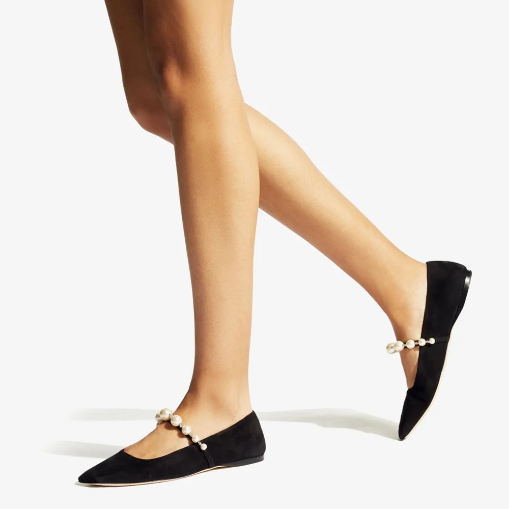 Black Suede Pointed Toe Flats With Pearl Decor Strap Flats Nicepairs