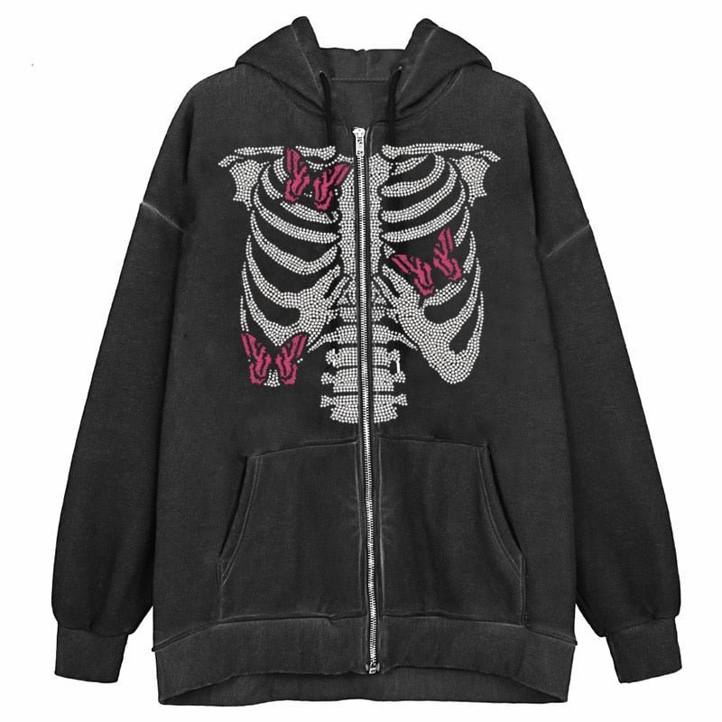 Y2K Butterfly Skeleton Diamonds Hooded Jacket Vintage Black White Oversized Sweatshirt E-girl Harajuku Gothic Hip Hop Streetwear