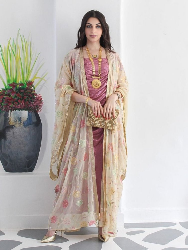 Square Neck Ruched Dress and Leaf Pattern Outwear Set