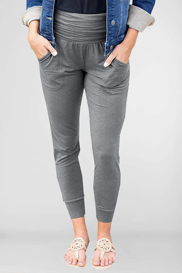Plus Size Casual Grey High Waist Pleated Pocket Cropped Legging  Flycurvy [product_label]