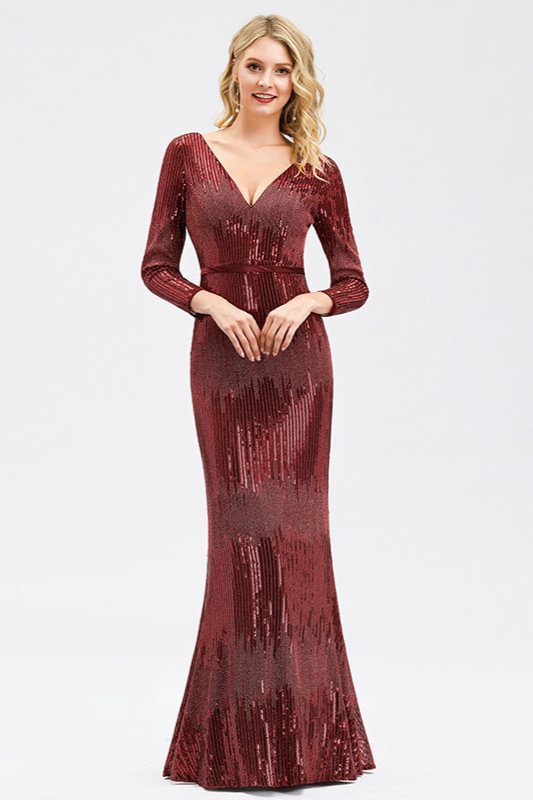 Glamorous V-Neck Long Sleeve Sequins Prom Dress Mermaid Evening Party Gowns - lulusllly